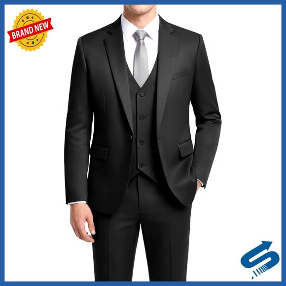 Slim Fit 3-Piece Suit Set Polyester Business Wedding Formal Blazer Vest Pants